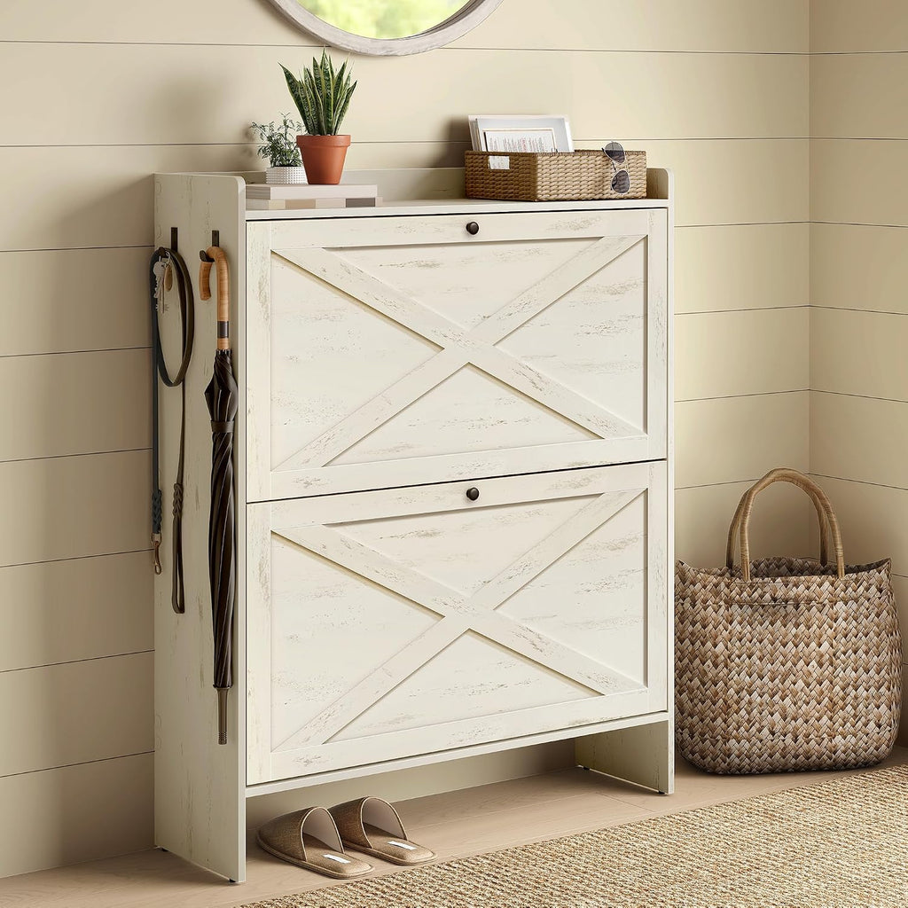 Shoe Storage Cabinet Organizer with 2 Flip Drawers, Freestanding Narrow Shoe Rack Cabinet , Farmhouse Style, Fits 14