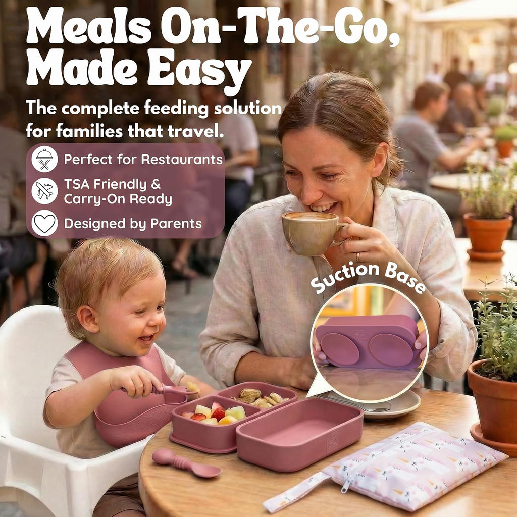 Travel Feeding Set with Silicone Suction Plates, Dark Pink Small