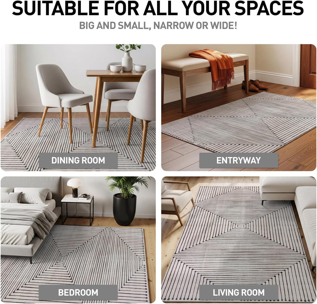 Bohemian Stripes Marbella Non-Slip Washable Area Rug Beige
