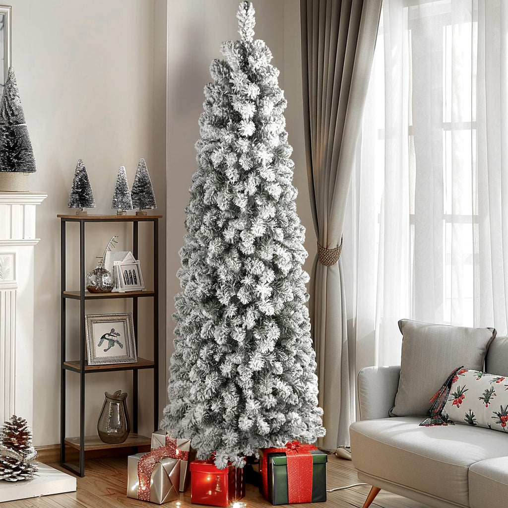 7ft Prelit Snow Flocked Artificial Slim Pencil Christmas Tree
