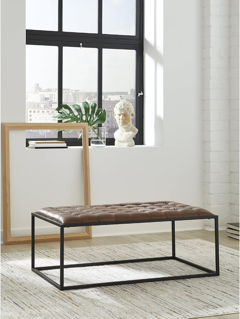 Junsor Leather Coffee Table Ottoman, Brown | 100% top grain leather, Button tufted top, Sturdy black metal frame, 48