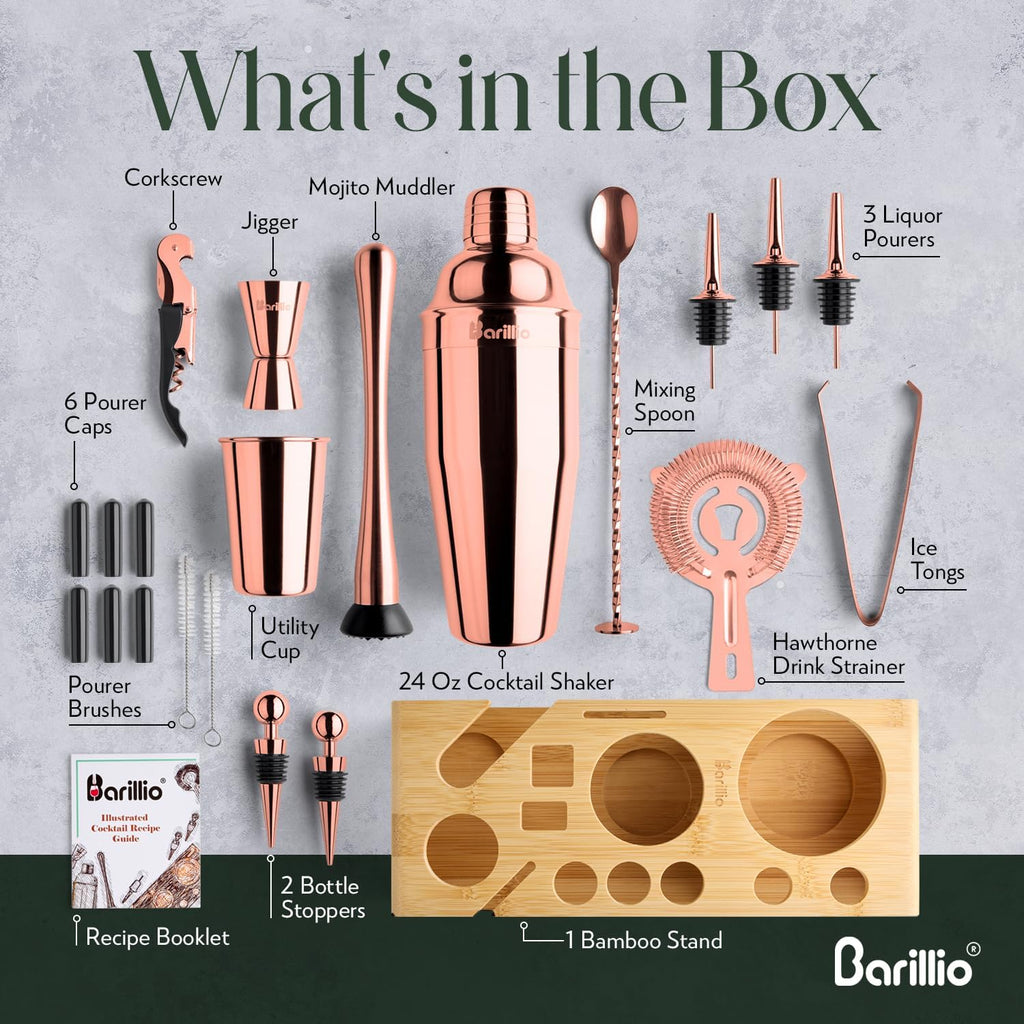 Rose Gold Bartender Kit - Stainless-Steel Cocktail Shaker Set w/Bamboo Stand - Mixology Bar Tools w/Drink Shaker - Set of 23