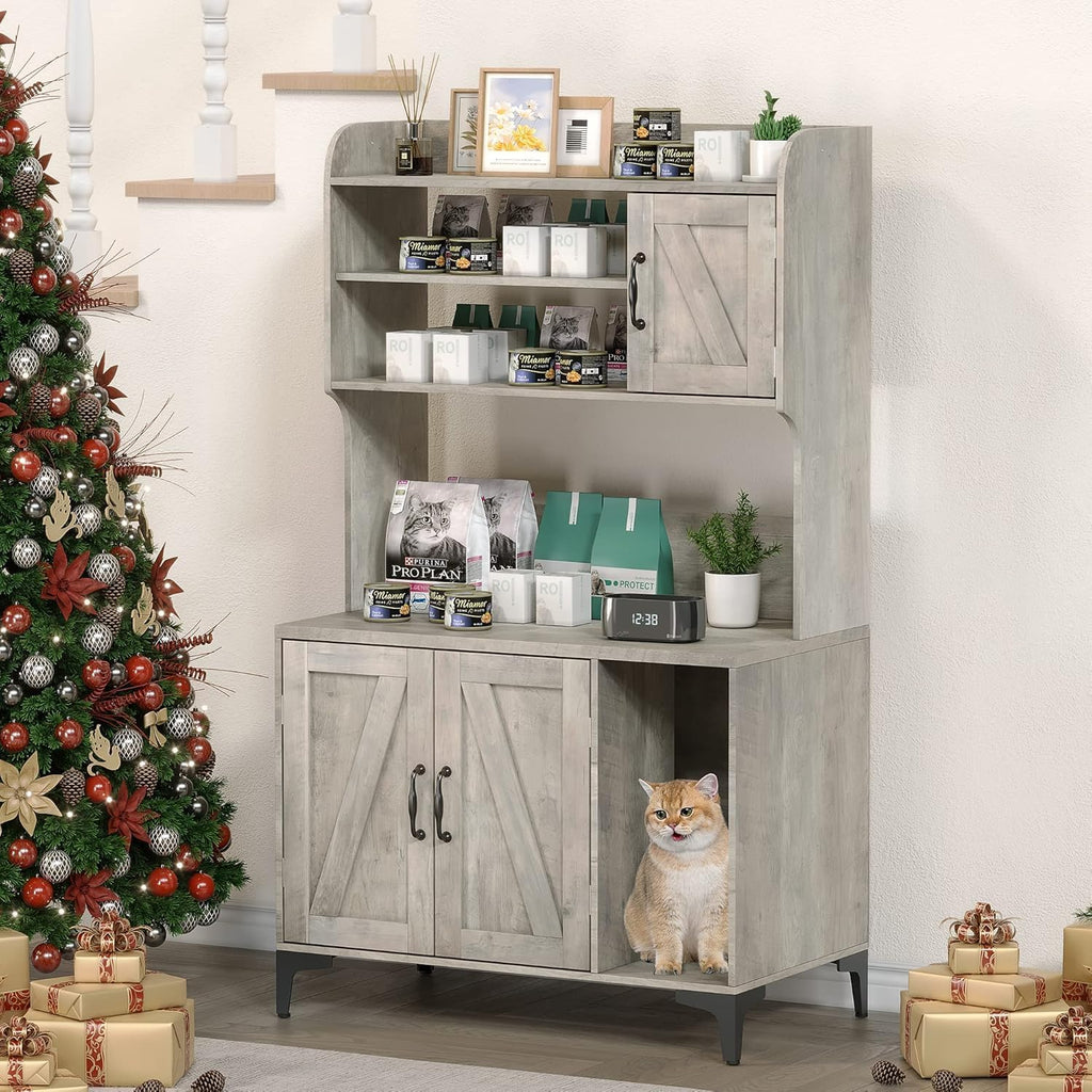 Cat Litter Box Enclosure, Large Hidden Cat Litter Box Furniture with Storage Shelves and Doors, Wooden Cat Washroom
