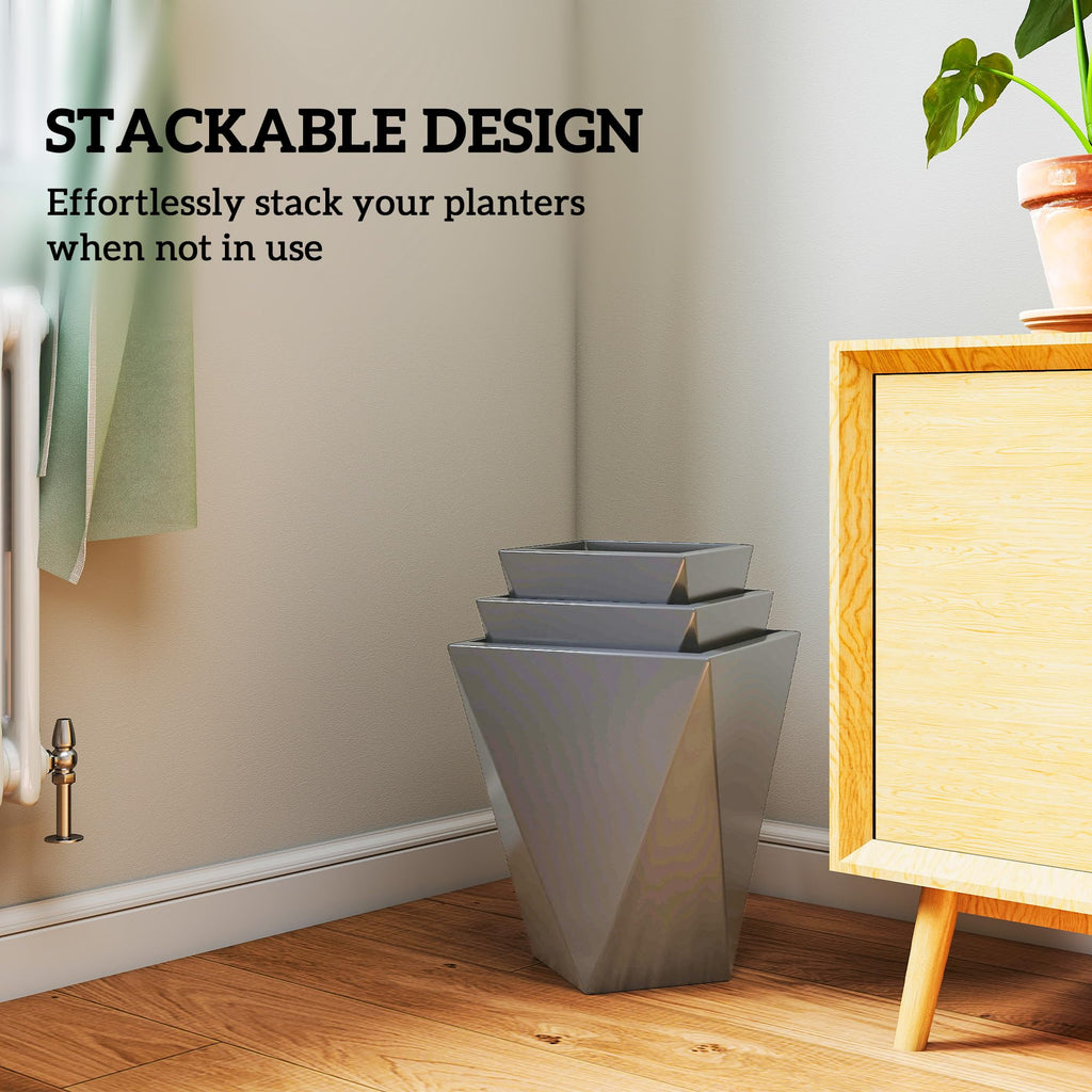 Set of 3 Tall Planters w/Drainage Holes, 18"/15.25"/11.75", Gray