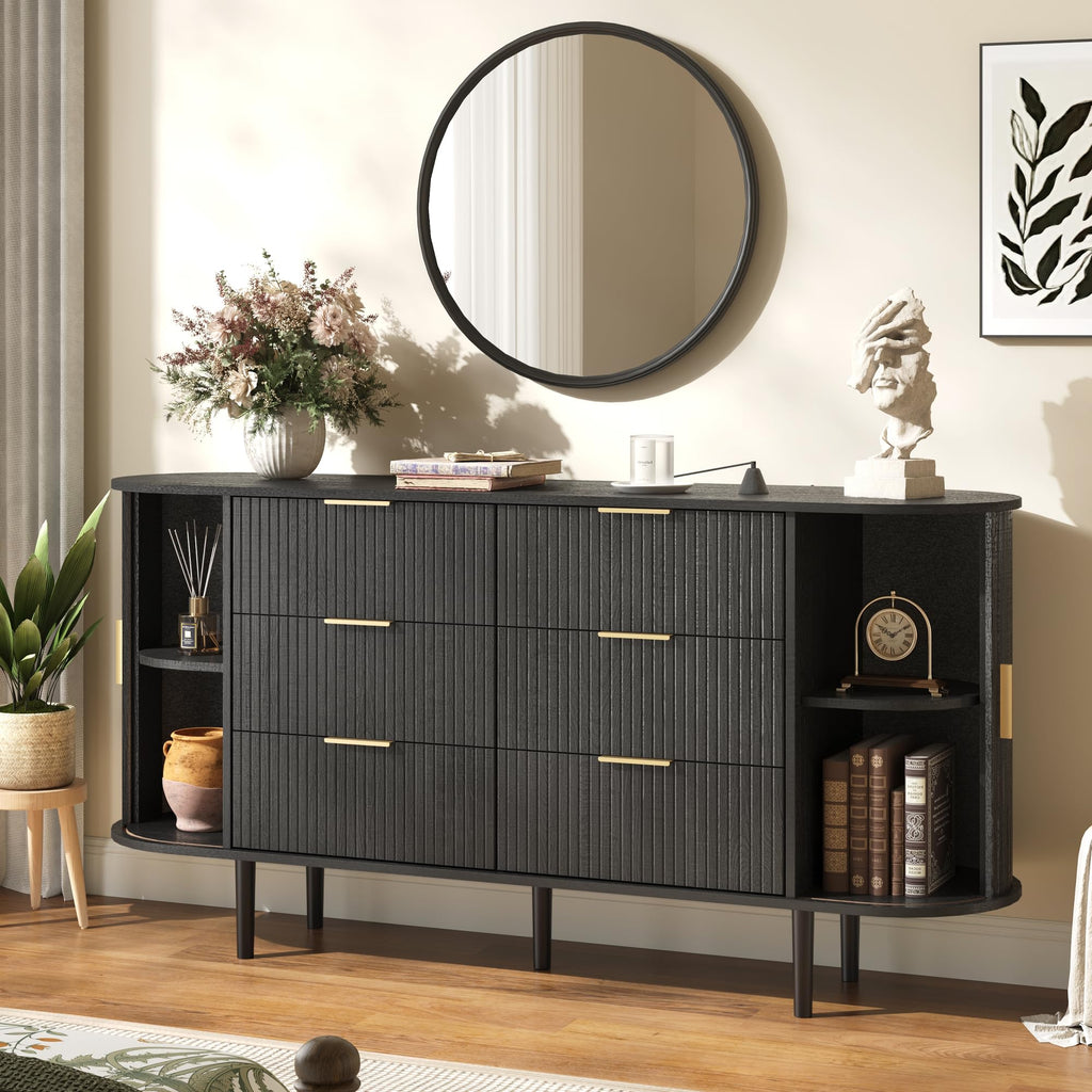 Fluted 6 Drawer Dresser, 63" Wide Modern Chest of Drawers with Gold Metal Handles, Curved Edge Design, Wood Storage