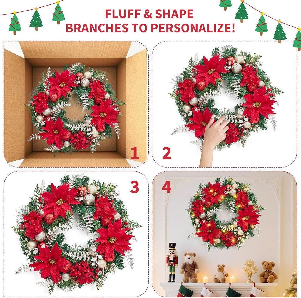 Pre-Lit Christmas Wreath for Front Door, 24 Inch Large Xmas Wreath for Holiday Decor, Battery Operated Xmas Lighted