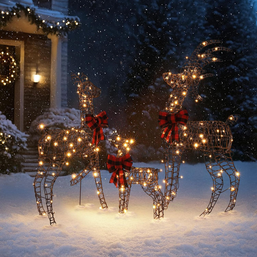 3 Piece 2D Lighted Christmas Deer Family Set,LED Lights,Stakes,Zip Ties