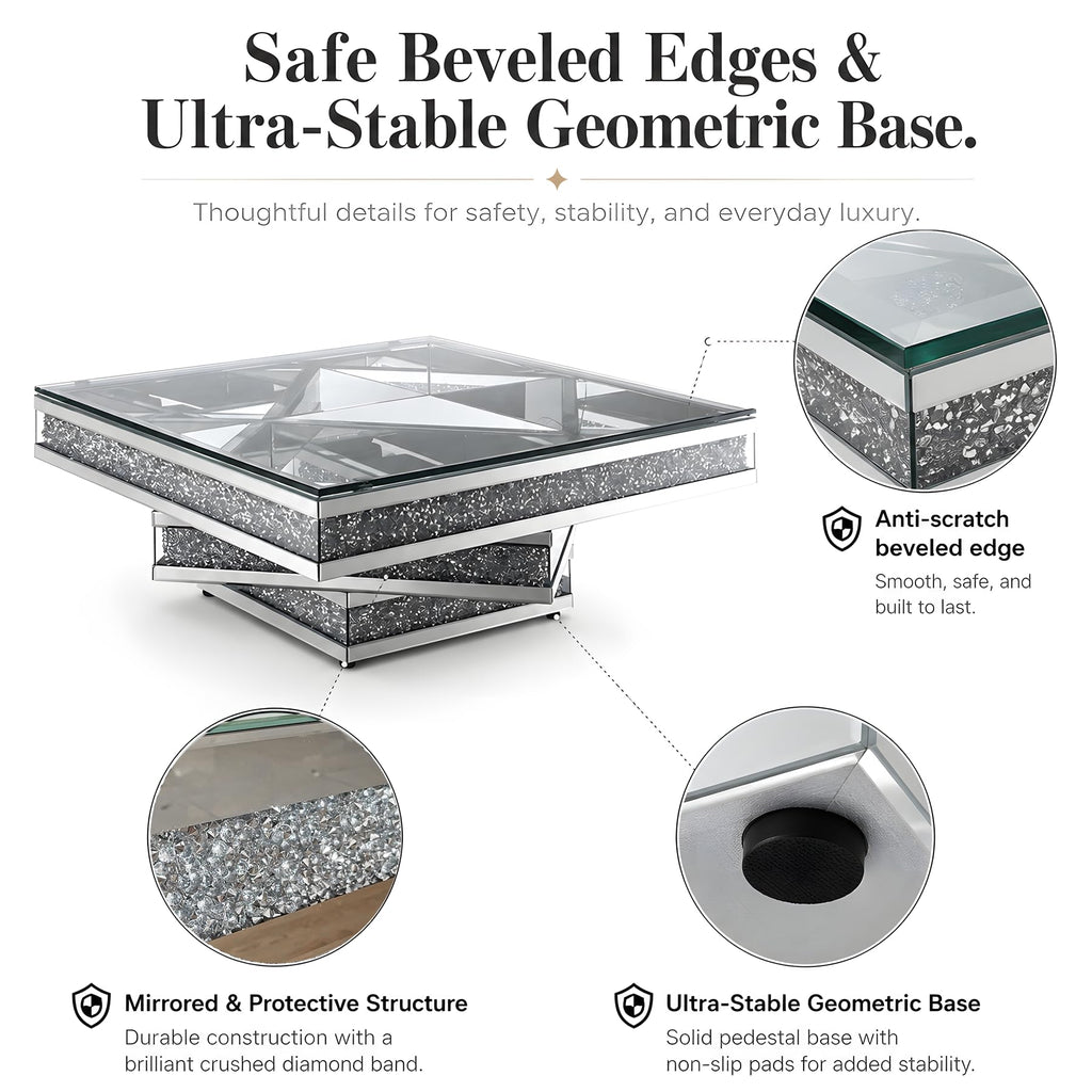 Mirrored Coffee Table with Crushed Diamonds, 31.5" Square Glass Center Table, Drop-Tested Shatterproof Packaging