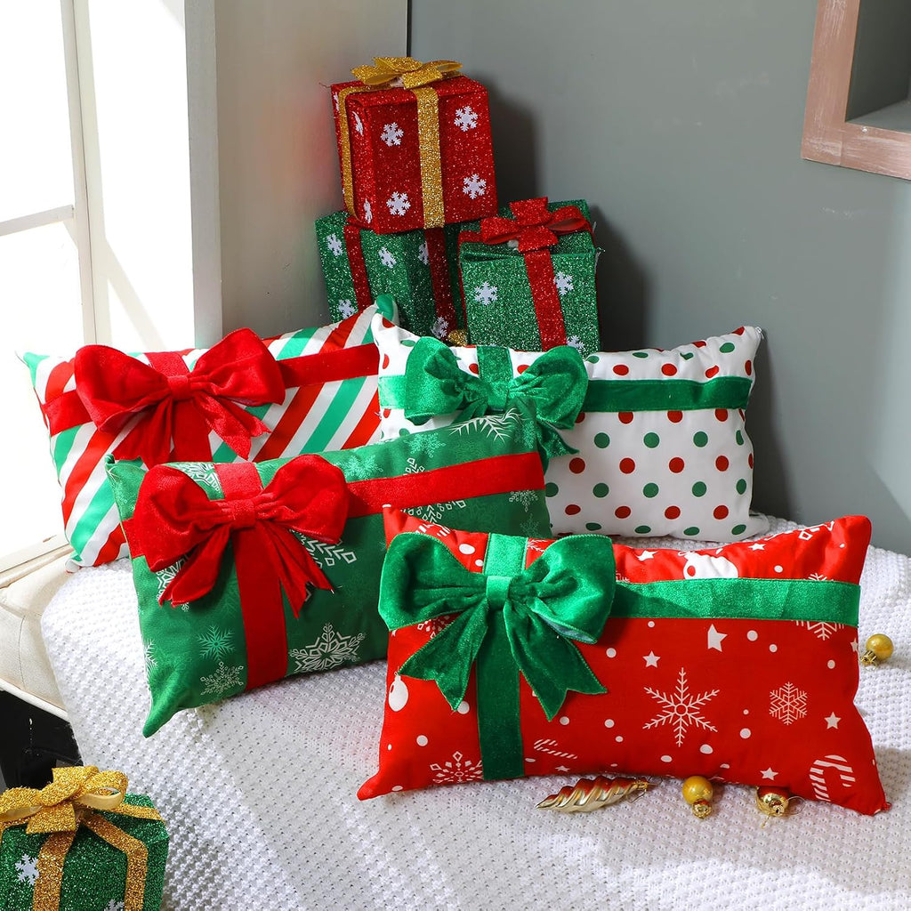 Christmas Pillow Covers 12 x 20 Inch Gift Box 3D Bows - Set of 4
