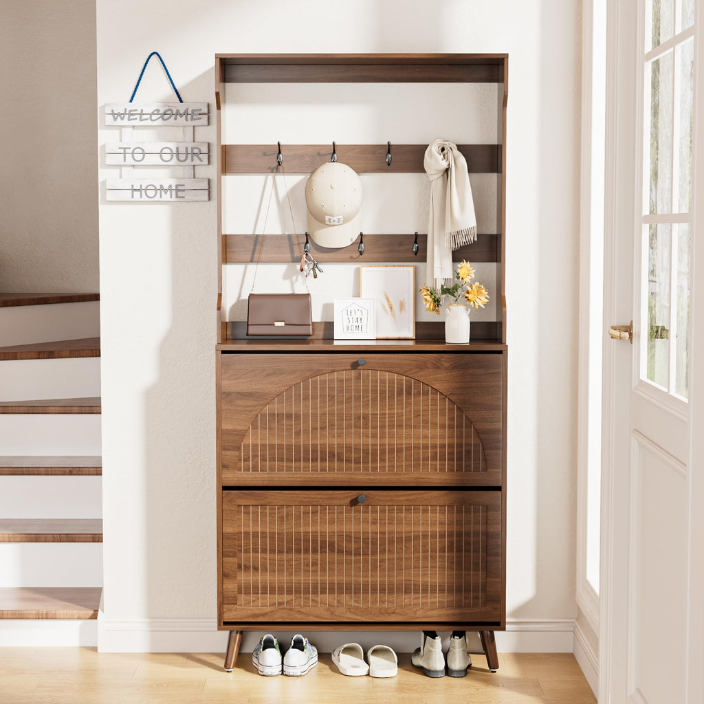 Shoe Storage Cabinet with 2 Fluted Flip Drawers & Coat Rack, Walnut