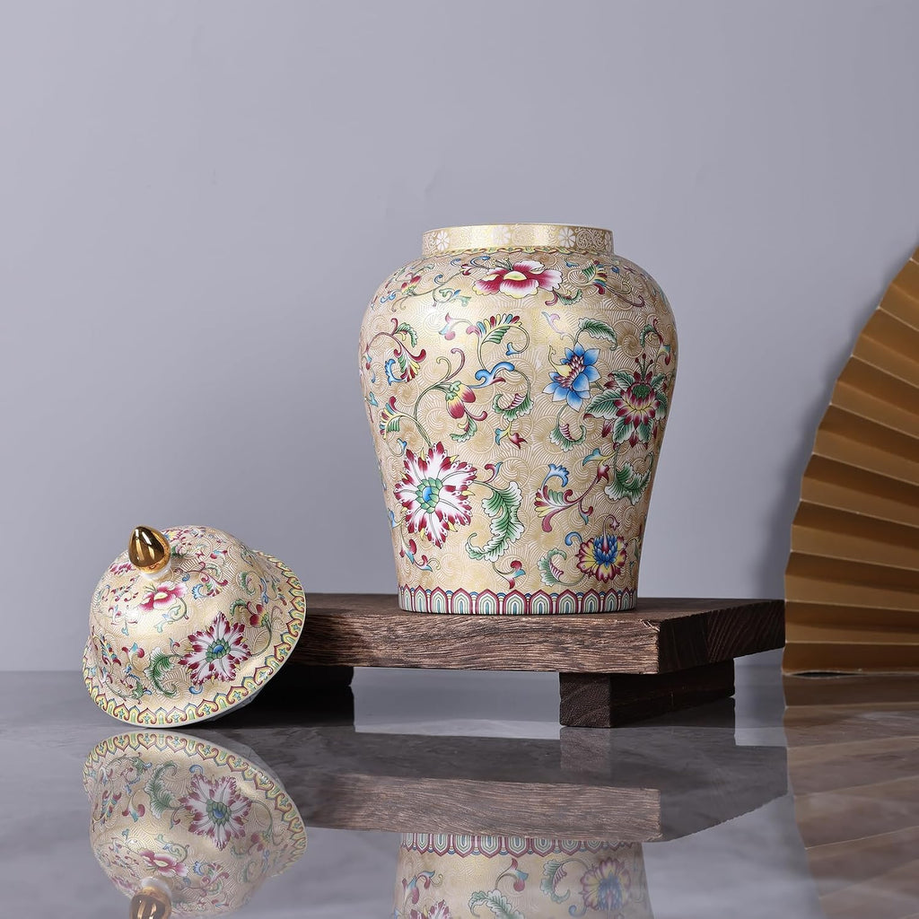 Chinoiserie Ginger Jar, Blue and White Porcelain Ceramic Vase with Gold Colorful Floral Design, 8" Decorative Ginger