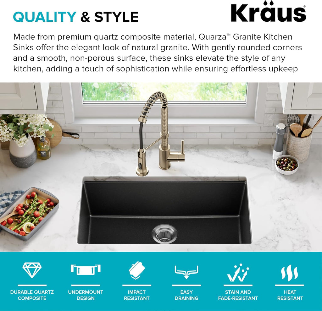 Black Onyx 31 in Undermount Granite Kitchen Sink KGU-413B | Quartz composite with metallic particles, heat-safe