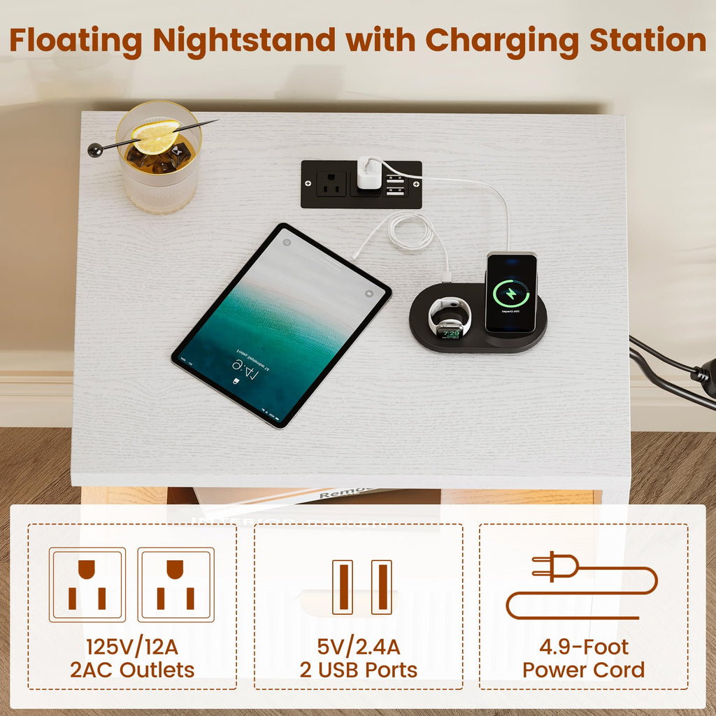 Floating Nightstand with Charging Station, LED Lights and Drawer