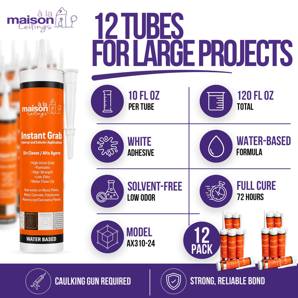 Instant Grab - Ceiling Tile Wall Panel & Crown Molding Adhesive - High-Strength Water-Resistant Glue for