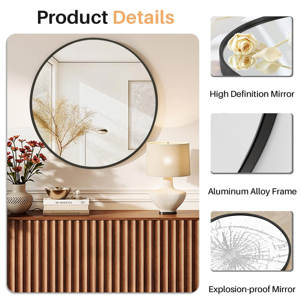 Bathroom Mirror for Wall, 20 Inch Round Mirror, Matte Black Metal Framed Circle Vanity Mirrors Bedroom Living Room