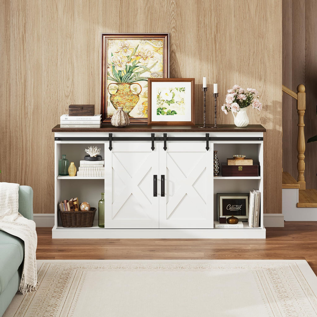 Farmhouse TV Stand for 65 Inch TV, Sliding Barn Doors, White