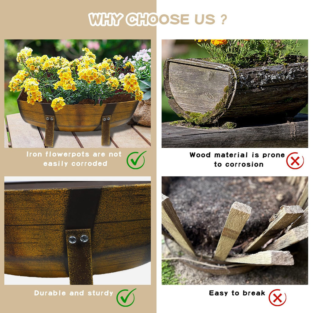 15.43In 2 Pack Rustic Barrel Planters, Decorative Outdoor Garden Backyard Planter with Legs, Metal Flower Pot Half