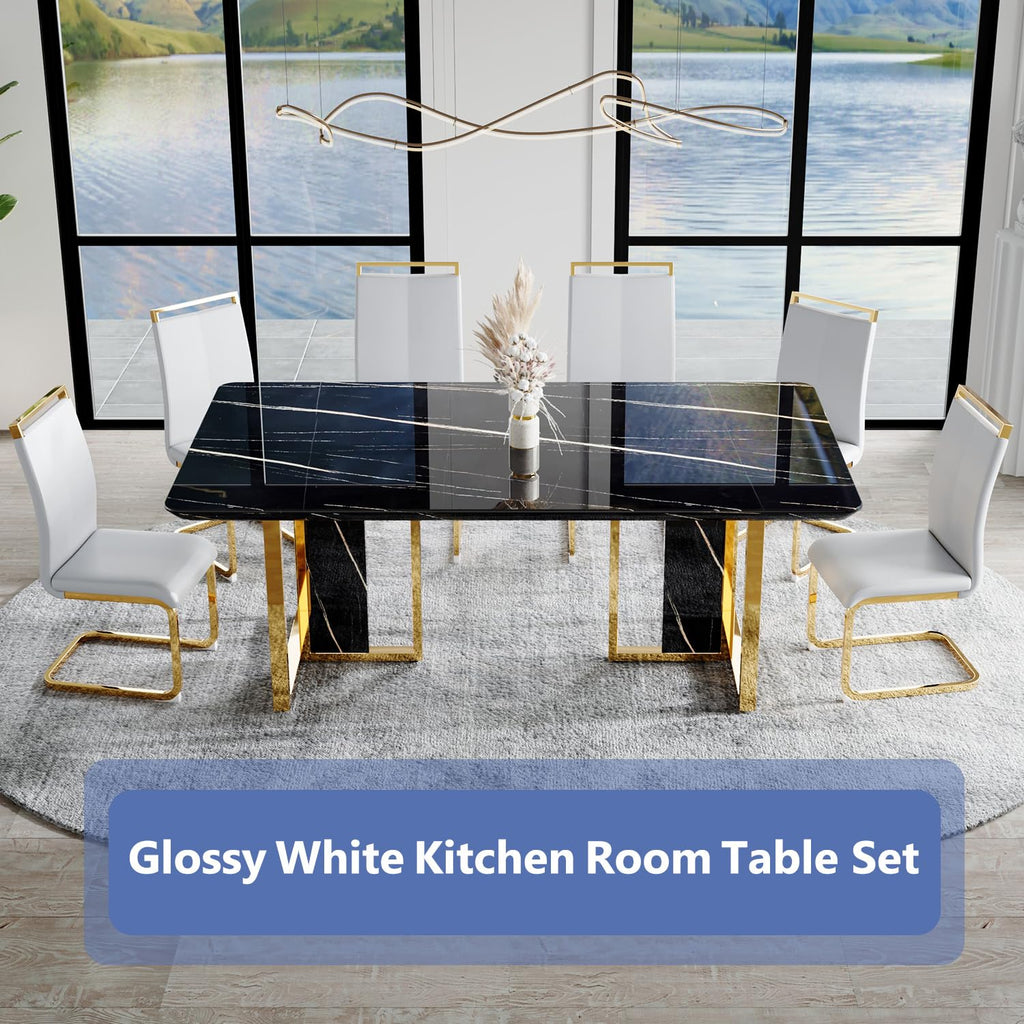 67-Inch Dining Table Set for 6, Black Faux Marble, Light Gray Chairs