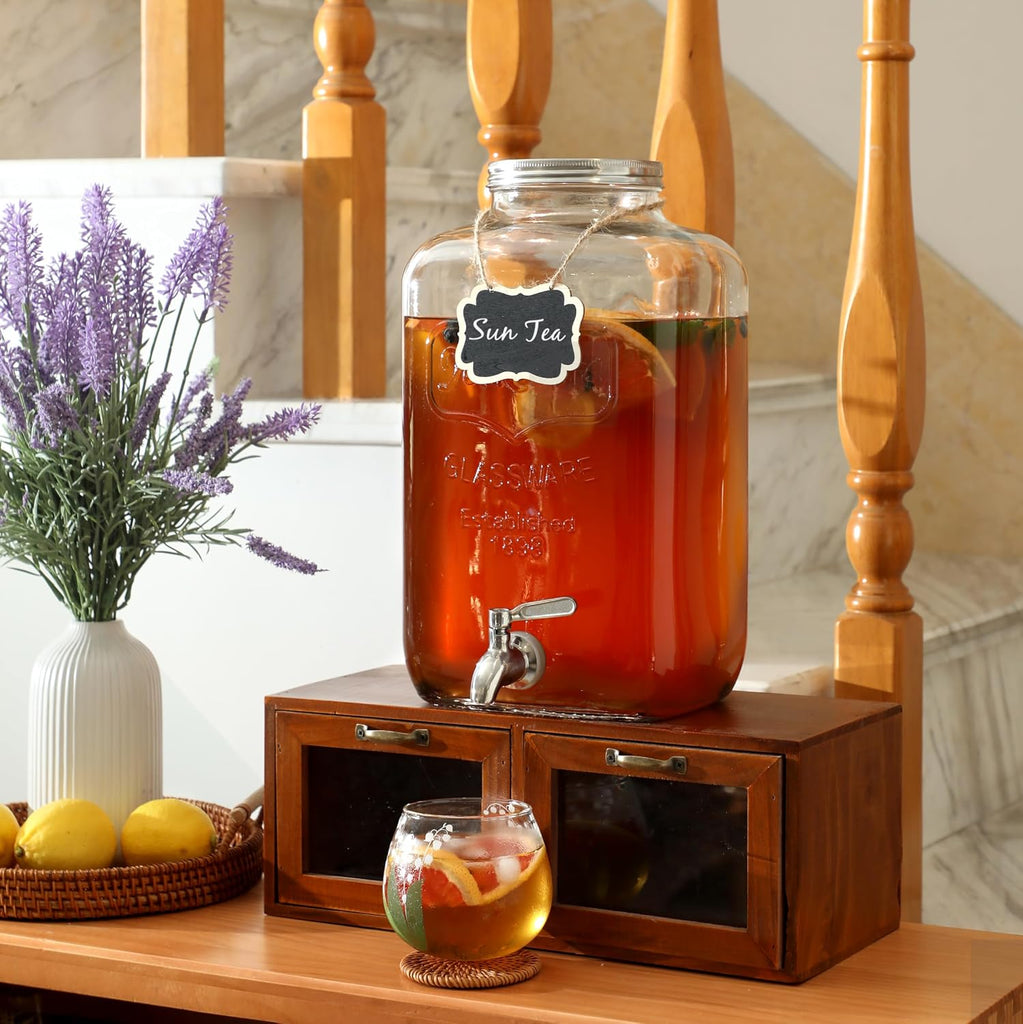 2 Gallon Glass Drink Dispenser - Stainless Steel Leakproof Spigot and Lid, Beverage for Parties, Water Beverage