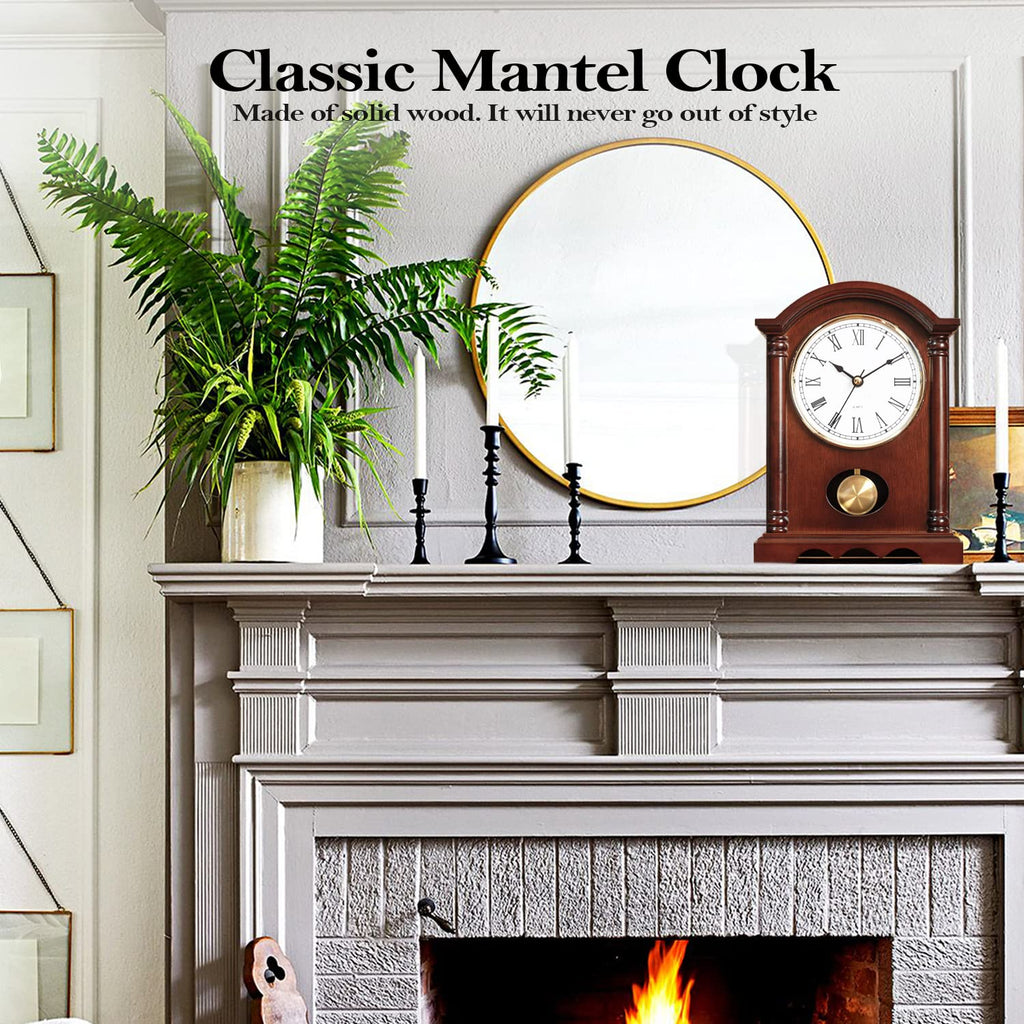 Classic Grandfather Mantel Clock Déco, Elegant Wooden Finish, Gold-Tone Pendulum, Desk Clock, Farmhouse Décor