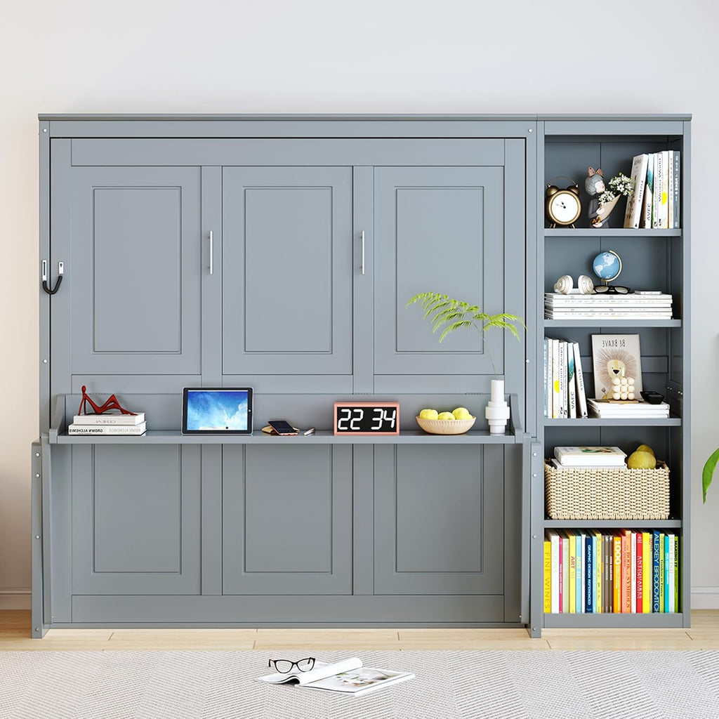 Queen Murphy Bed with Desk, Space Saving Wall Bed Queen with Bookshelf, Storage Shelves, Wood Slats, No Box Spring