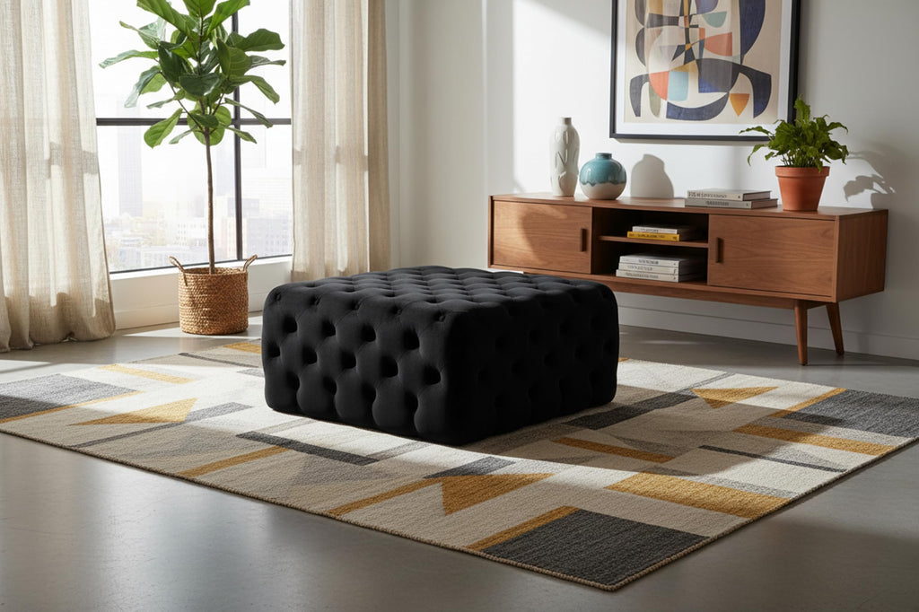 Ariel Collection Modern | Contemporary Black Velvet Upholstered Ottoman/Bench with Deep Button Tufting, Solid Wood