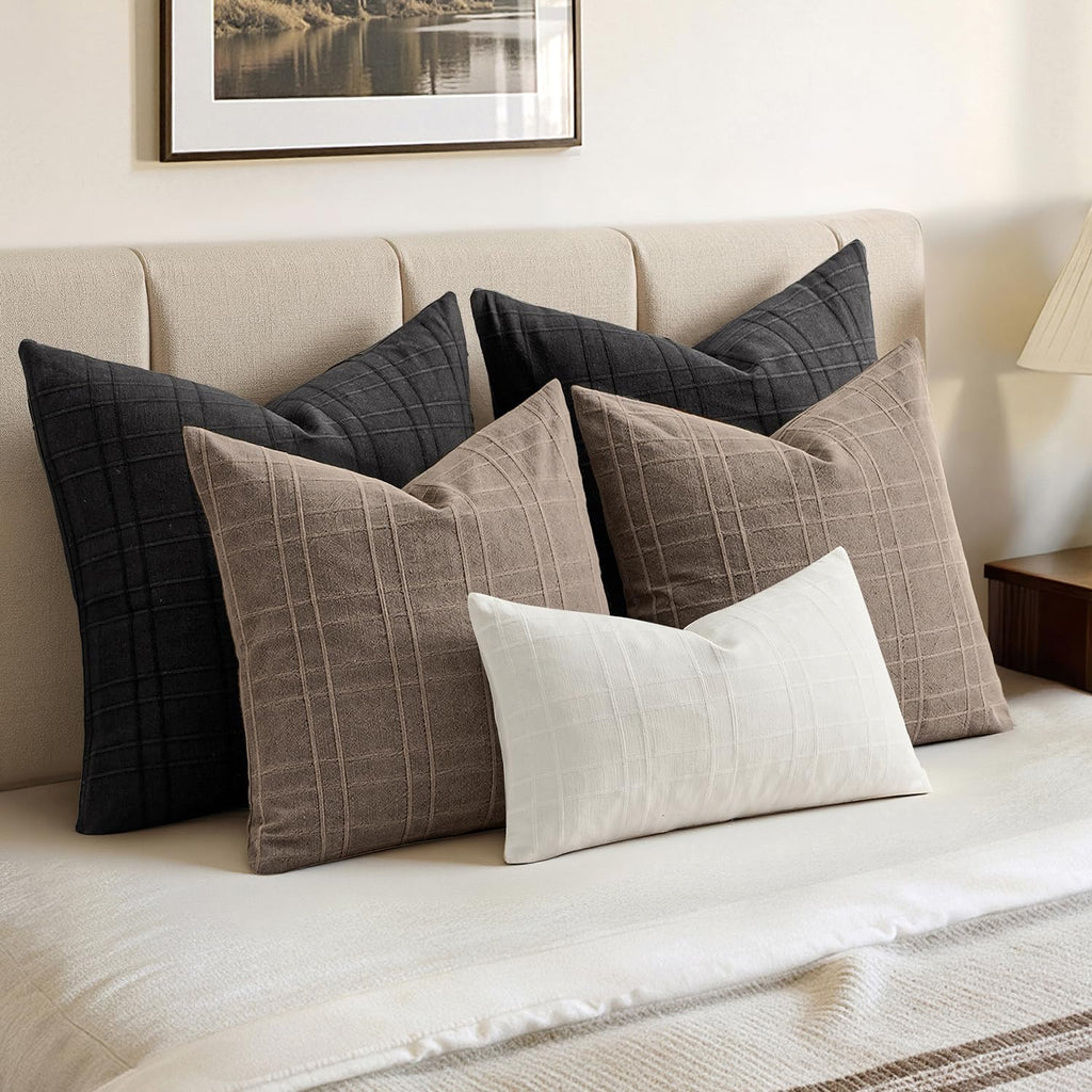 Linen Plaid Pillow Covers Fall Decorative 20x20 Taupe
