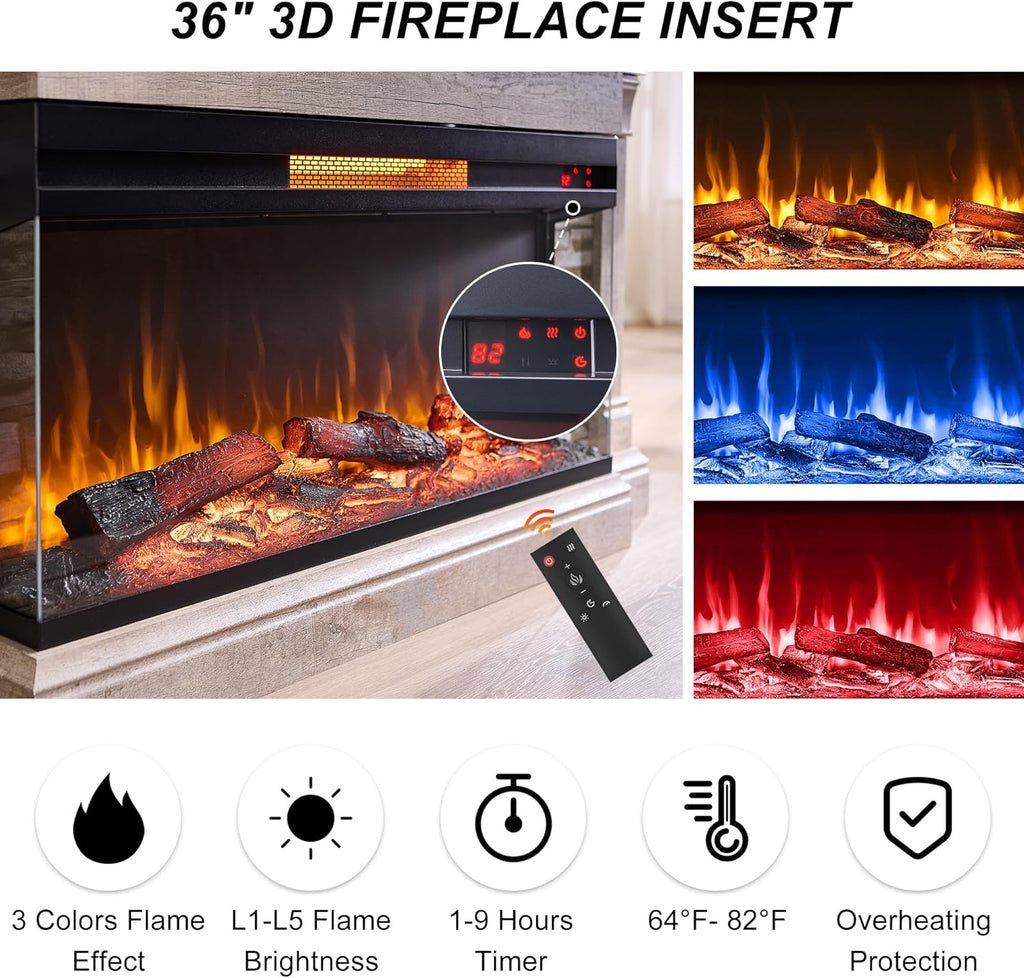 52" Electric Fireplace with Mantel, Freestanding Fireplace Heater TV Stand with 36" 3-Side Glass Insert for TVs Up to