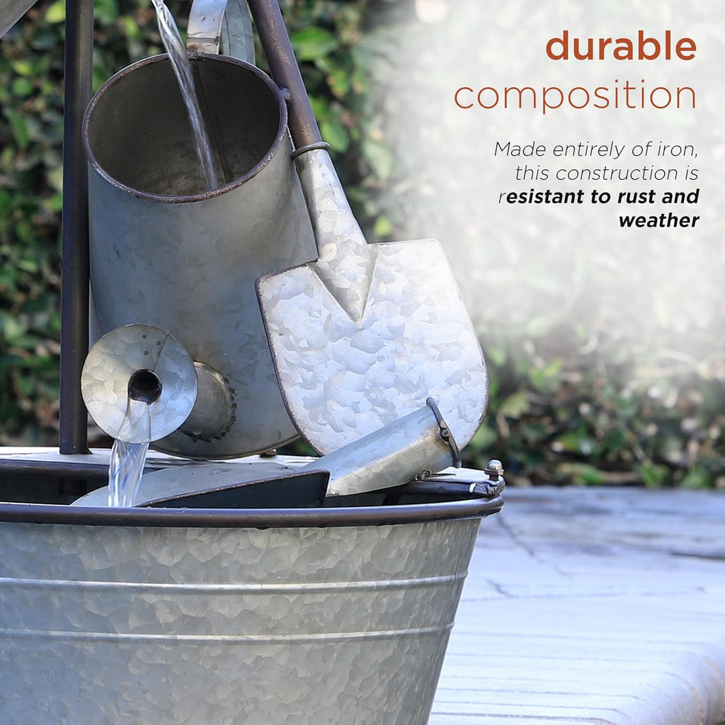 Outdoor Floor 3-Tiered Metal Garden Tools Water Fountain, Tools and Faucet Waterfall, 28", Gray