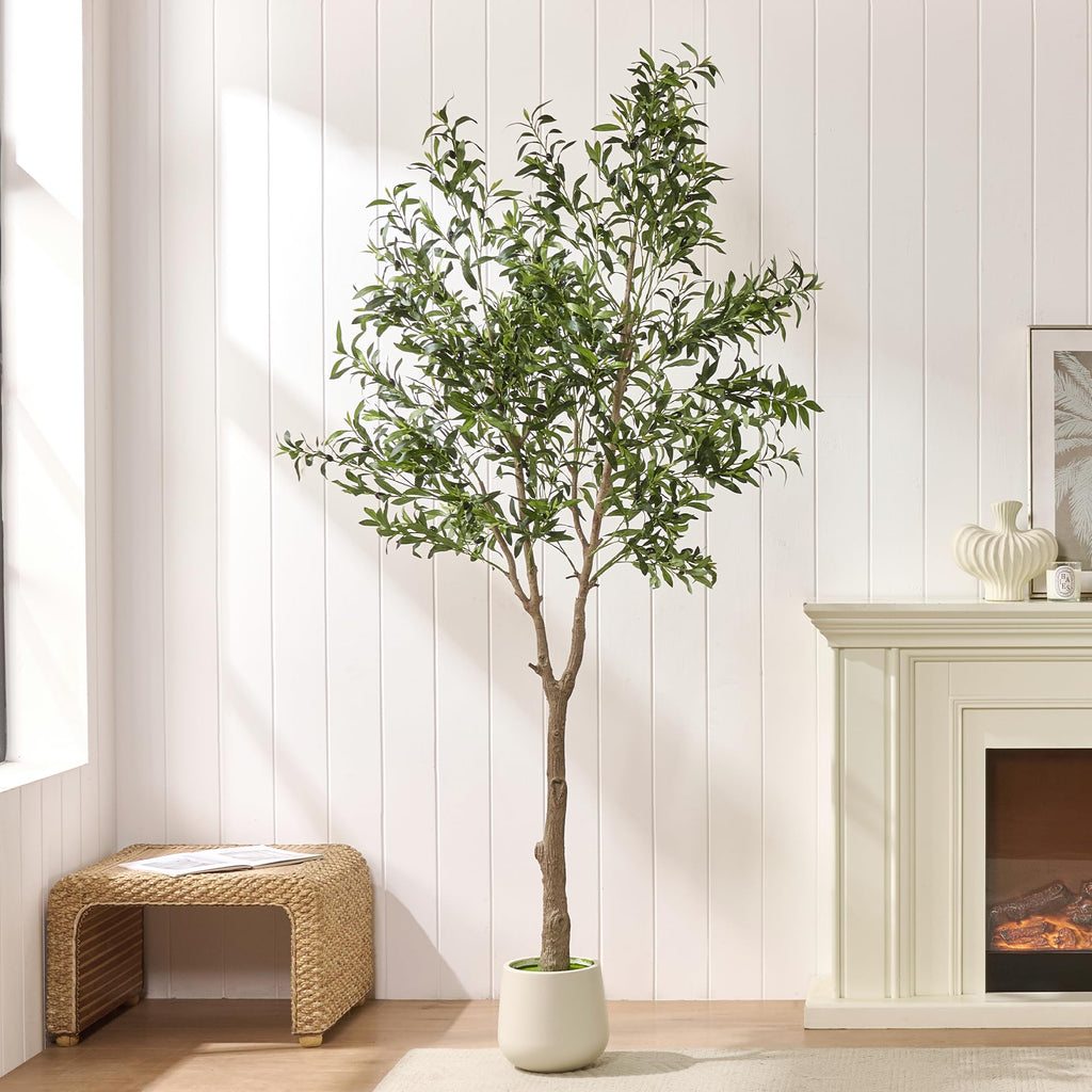 7ft Artificial Olive Tree Indoor with Tall White Planter, Realistic Faux Olive Tree with Natural Wood Trunks