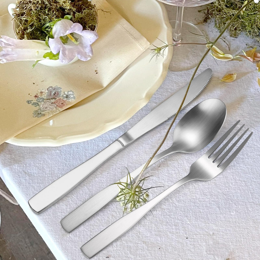 Silver Matte Silverware Square Handle 30 pieces Stainless Steel Cutlery Set for 6 Tableware Modern Eating Utensils