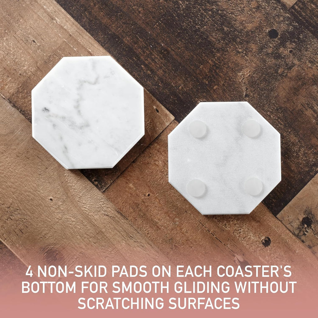 White Carrara Marble Tabletop Coasters with Storage Holder - Set of 5