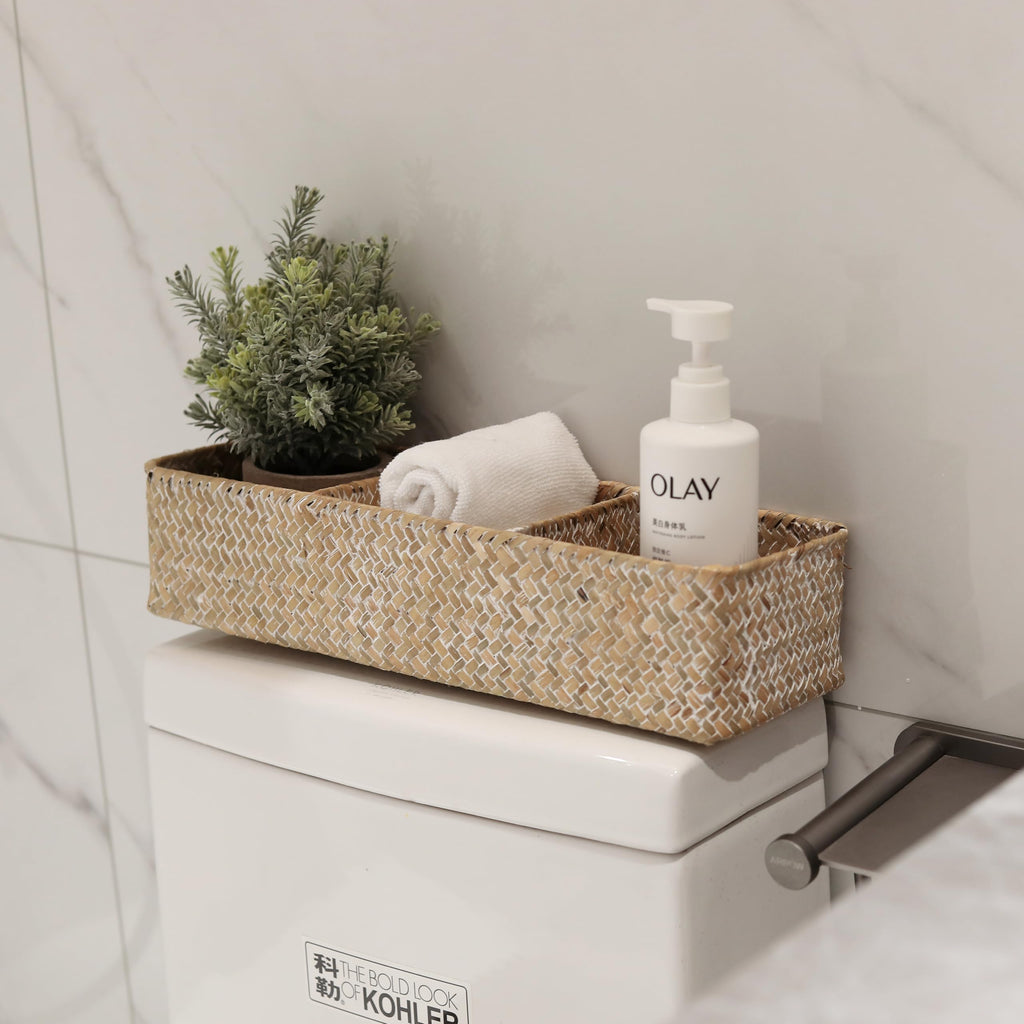 Seagrass Storage Basket 3 Sections Woven Shelf Baskets with Compartment (Whitewash, 14.6inch x 4.7inch x 3.1inch)