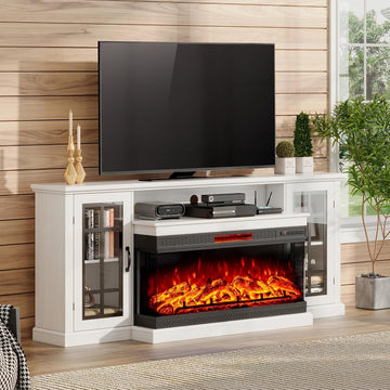 75in 3-Sided Glass Fireplace TV Stand for TVs up to 85", Rustic Fireplace Media Entertainment Center Console Table