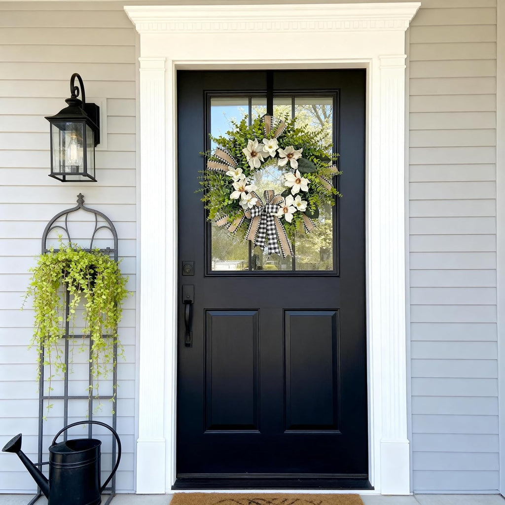24 Inch Artificial Magnolia Wreath for Front Door - Farmhouse Boxwood Greenery Wreath with Buffalo Plaid Bow