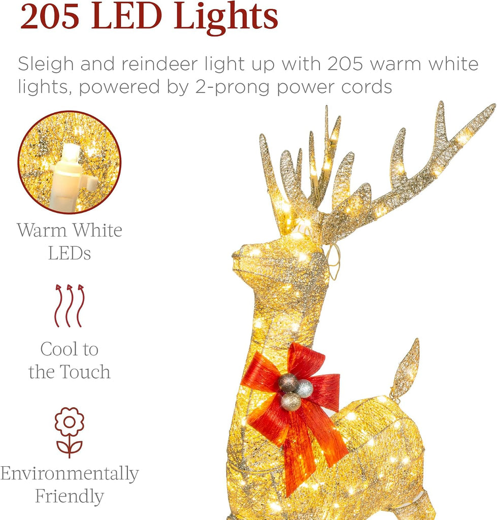 Lighted Christmas 4ft Reindeer & Sleigh Holiday Outdoor Yard Decoration Set w/ 205 LED Lights, Stakes, Zip Ties - Gold