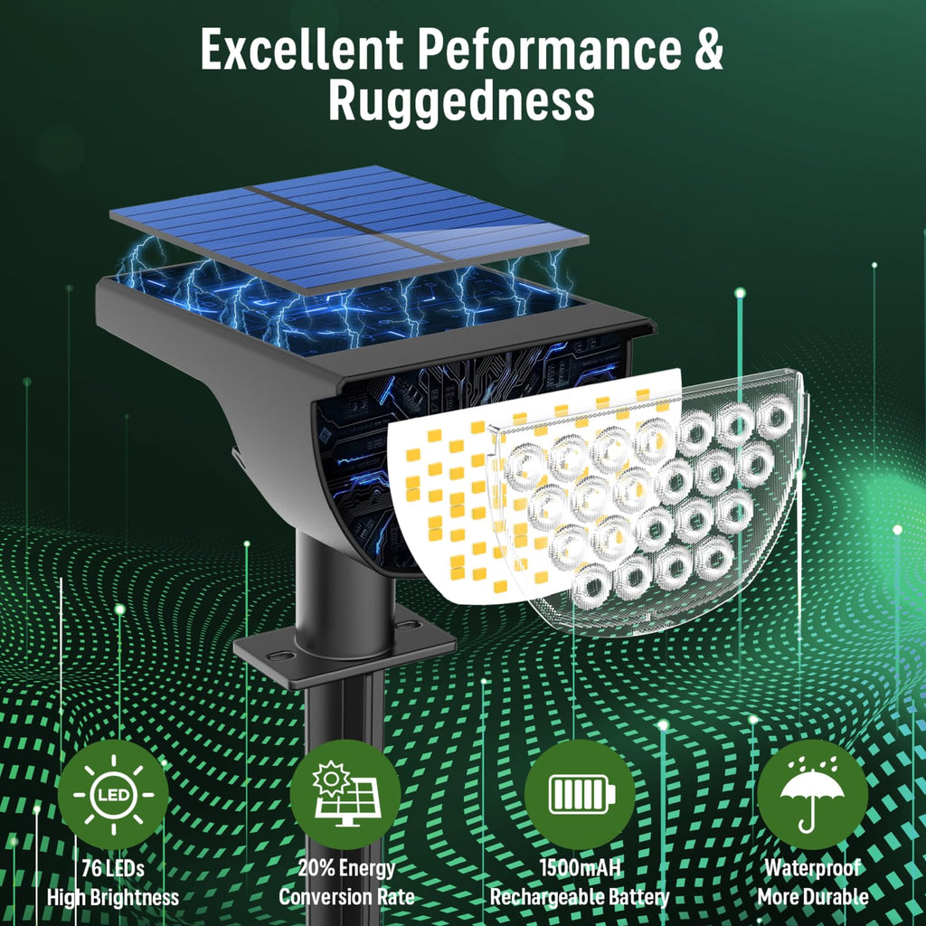 Solar Lights Outdoor Waterproof IP65, Solar Powered 76 LED 3 Lighting Modes Solar Spot Lights Outdoor for Yard Garden