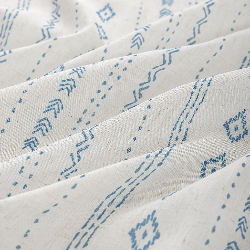 Natural Linen Boho Curtains Light Filtering Blue Stripe Geometric Pattern Semi Sheer Curtains 120 inch Long Western