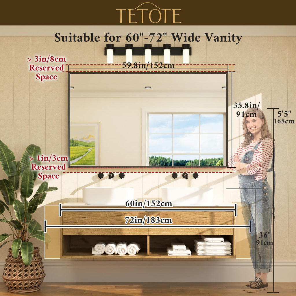 Brushed Nickel Vanity Mirror 60" x 36" Beveled Frame Rectangle Bathroom Mirror for Over Sink Brushed Nickel, Tempered