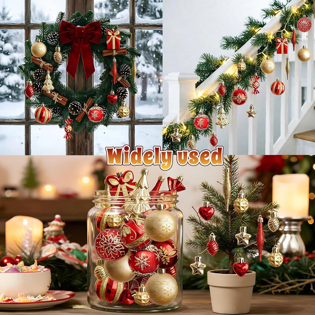 Christmas Ornaments Set, Red and Gold Balls Xmas Tree Hanging Decors - Set of 46