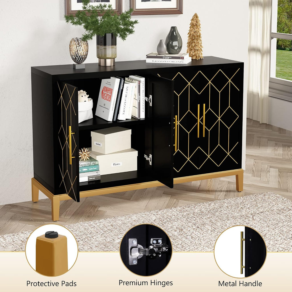 Accent Cabinet with 4 Doors&Shelves, Sideboard Buffet Cabinet with Gold Trim, Modern Black Storage