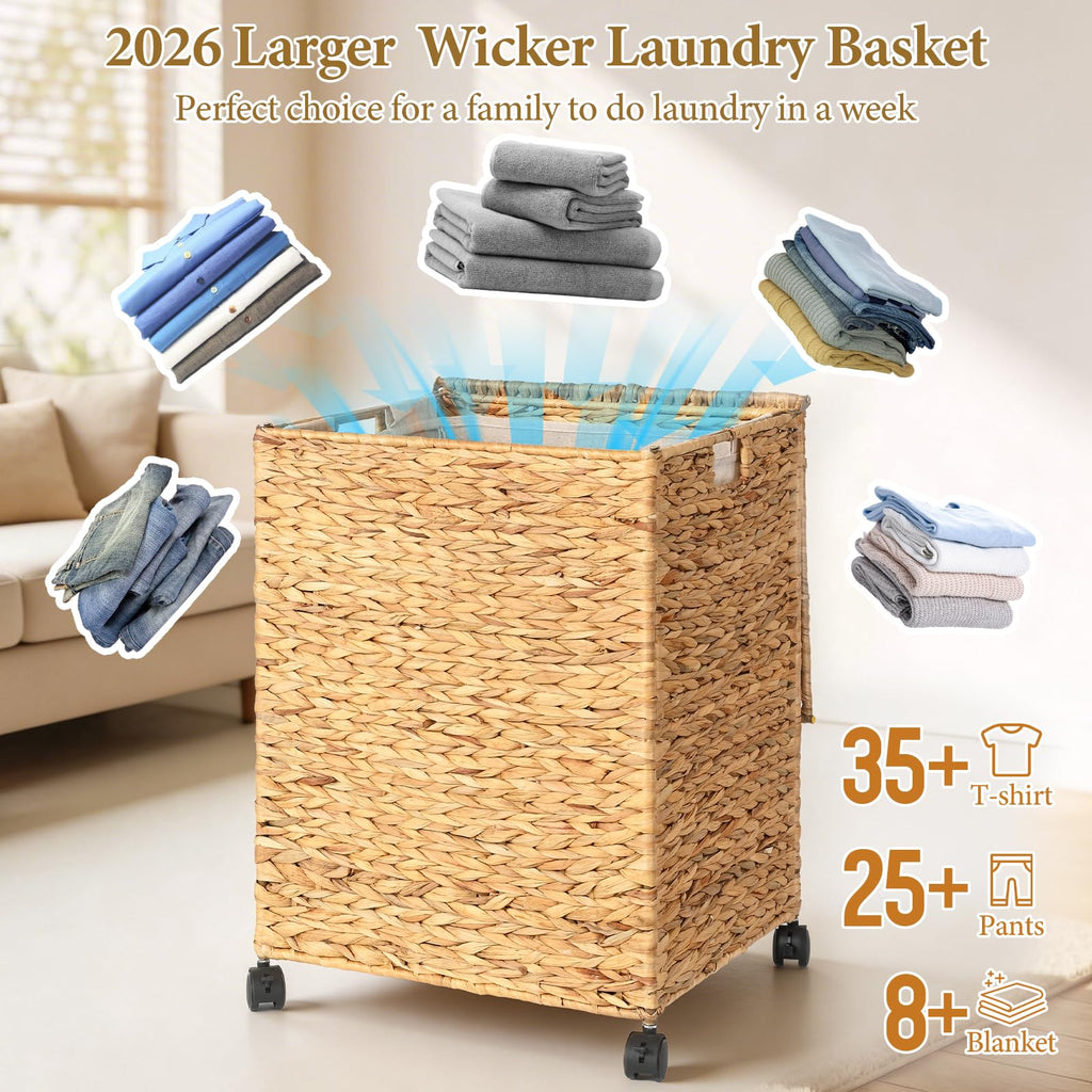 Wicker Laundry Hamper with Lid & Wheel, Rattan Laundry Basket, 90L