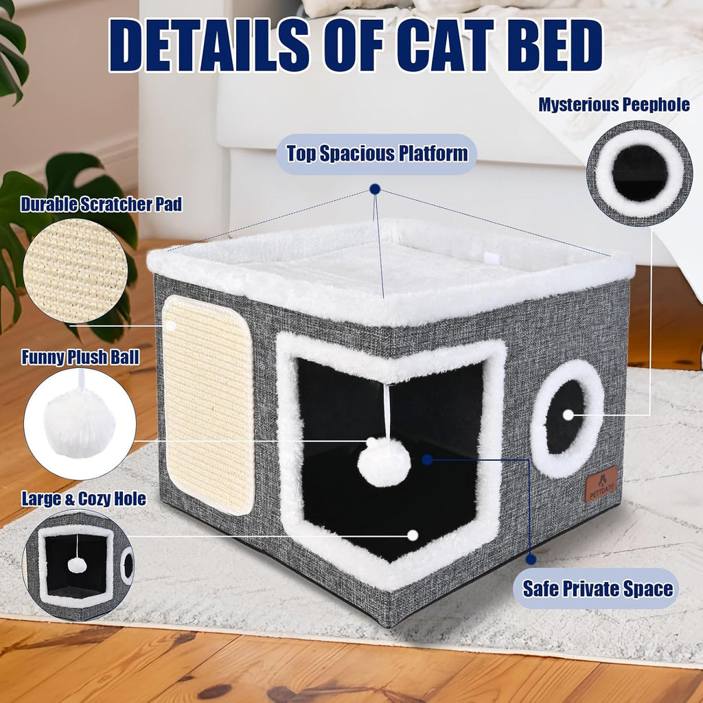 Cat Beds for Indoor Cats, Large Cat Cave Bed with Scratch Pad and Fluffy Ball, Foldable Cat Hideaway, Cat House