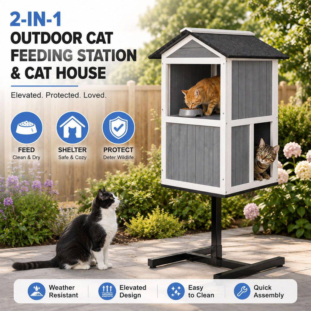 2 Story Outdoor Cat Feeding Station & Shelter, Weatherproof Elevated Feral Cat House with Steel Stand, Feeding