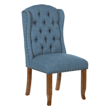 Jessica Button Tufted Wingback Upholstered Dining Chair with Wood Legs, Navy Blue Fabric