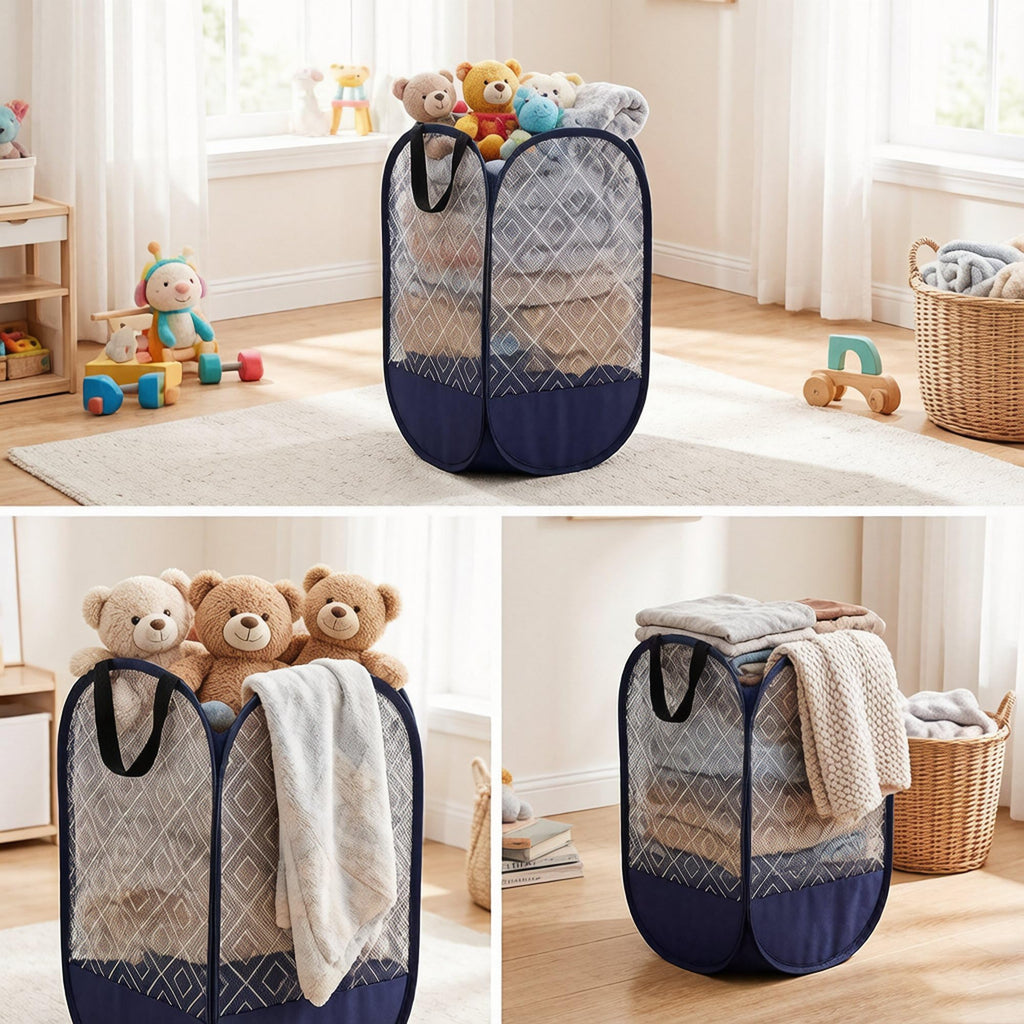Extra Large Mesh Pop Up Laundry Hamper 2 Pack. Blue Travel Basket