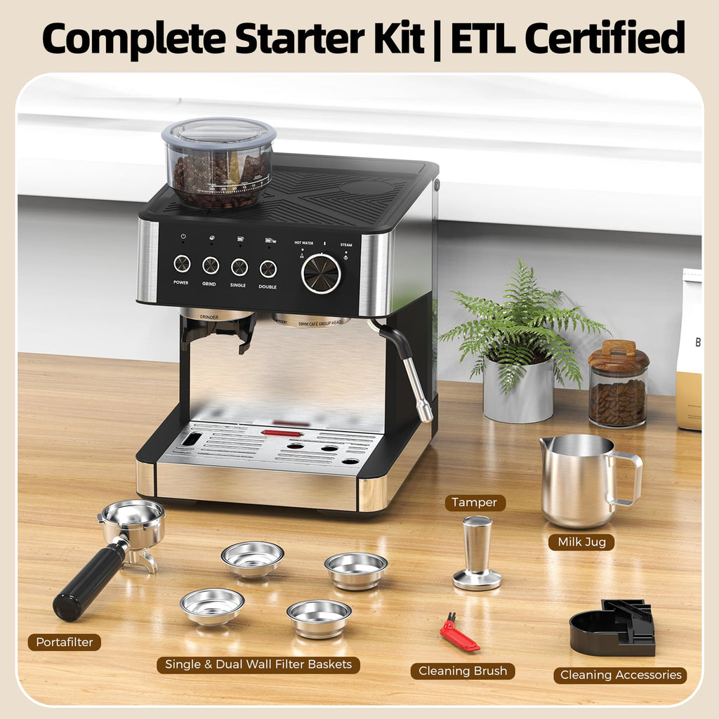 Coffee Maker with Grinder, Black & Stainless Steel Espresso