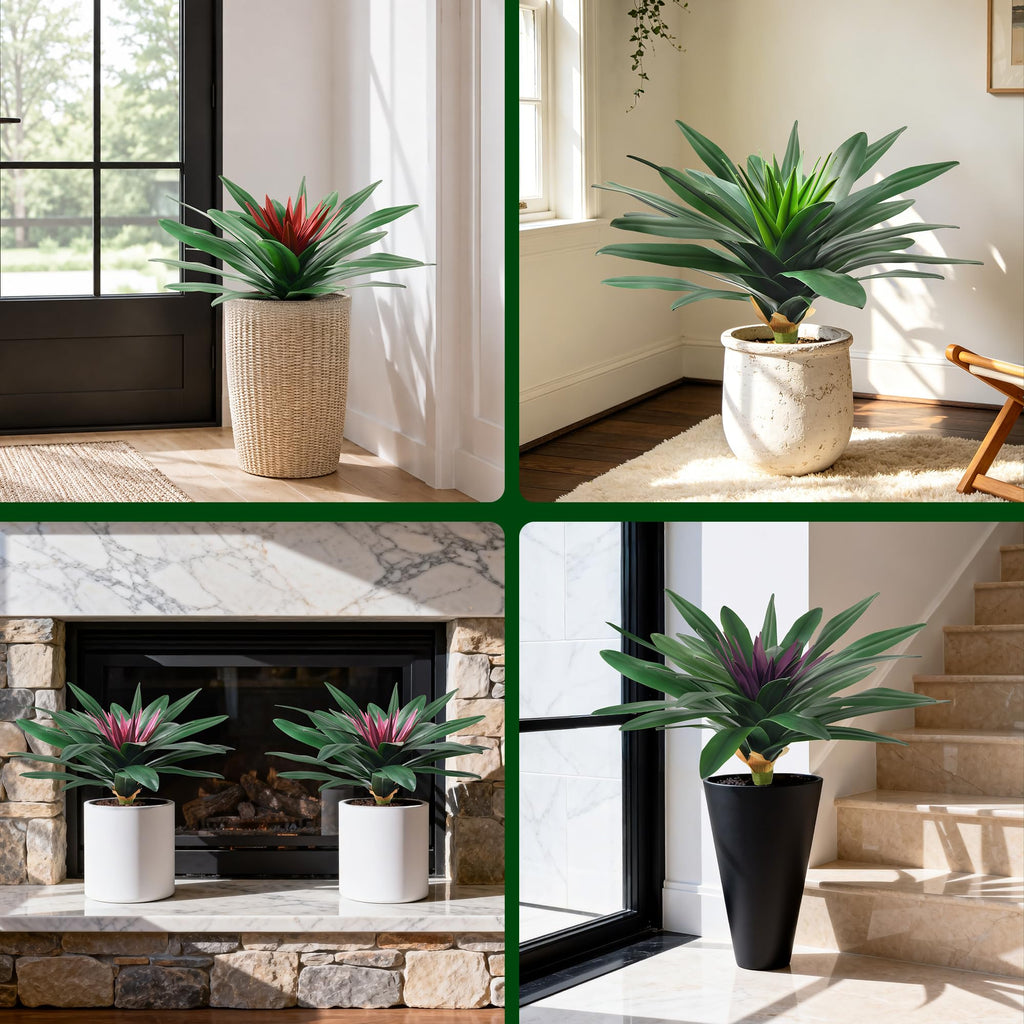 Fake Plants, 2 Pcs 21.7 Inch Bromeliads Large Artificial Plants Outdoor Faux Plants UV Resistant Realistic Tropical