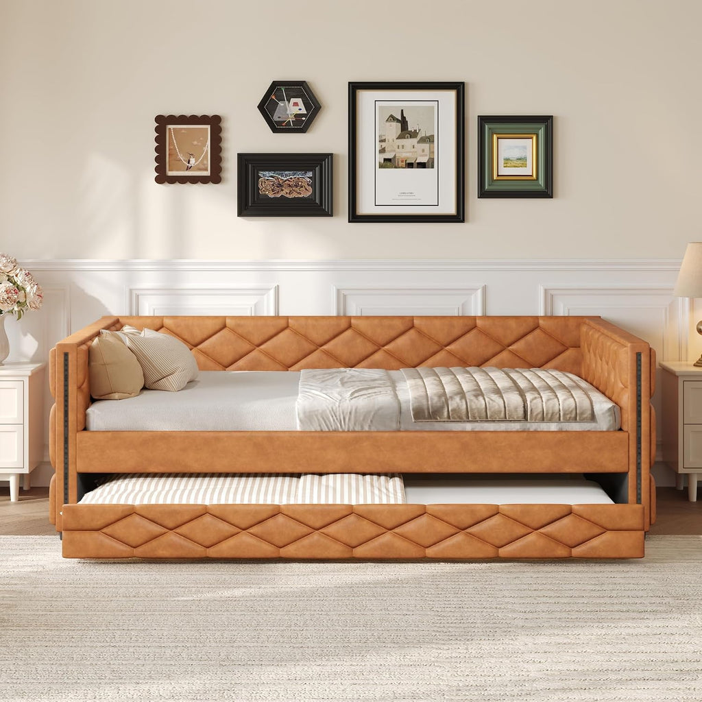 Full XL Size Upholstered Daybed with Pop Up Trundle, Multi-Functional PU Leather Sofa Bed with Backrest and Two