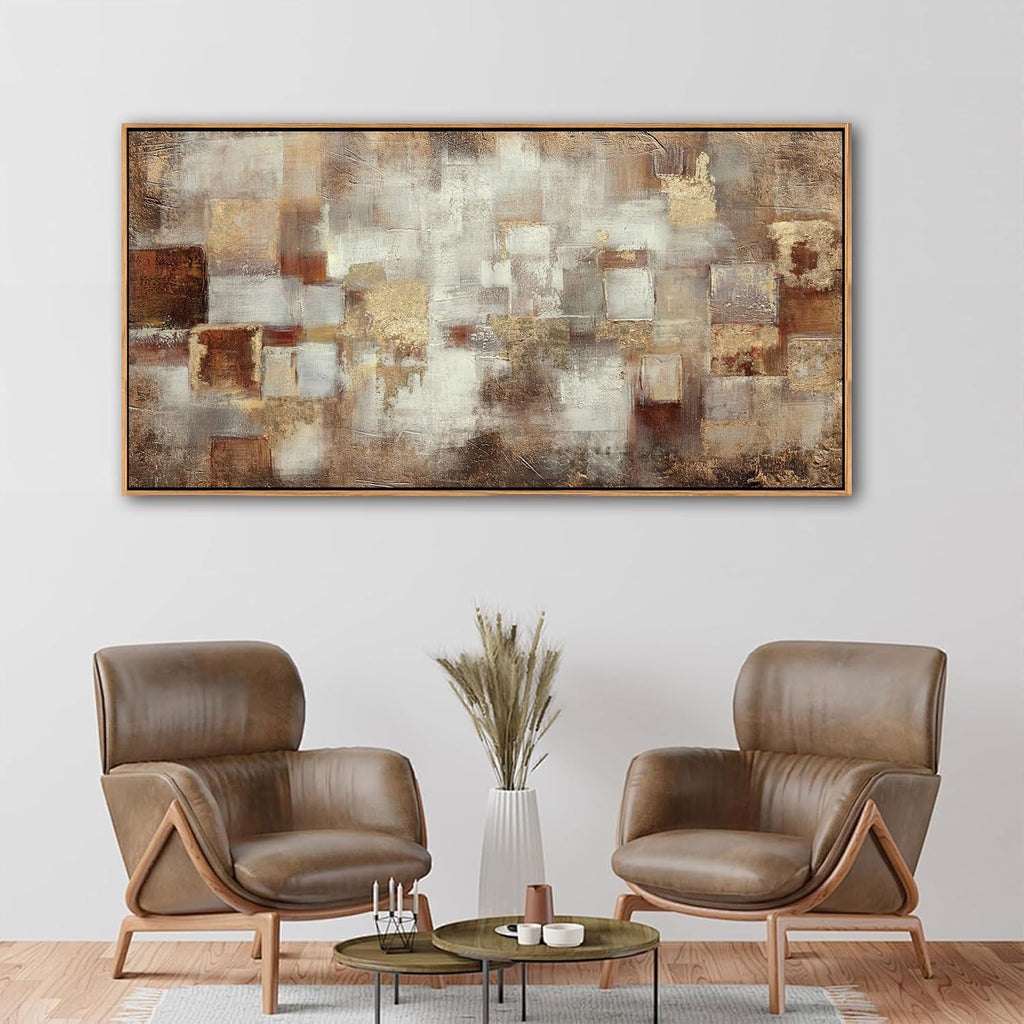 Brown Abstract Wall Art - Gold Canvas Wall Decor - Large Modern Grid minimalist Picture - Oil Painting Print Office